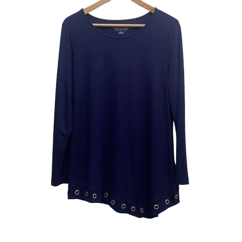 Soft Surroundings Navy Asymmetrical Tunic Top Long Sleeve Scoop Neck Shirt Sz M